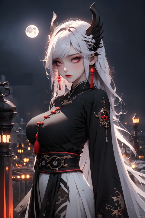  A top-quality official art piece with a dark theme, featuring a girl with long, white hair and a colorful inner hair. She stands in a night abandoned city, the moon casting a soft glow on her white collared dress. The image is vibrant and colorful (1.3), with an explosion of colors (1.4) in the background, creating a dramatic and aesthetically pleasing scene with depth of field and dim lighting.(large breasts:1.5)