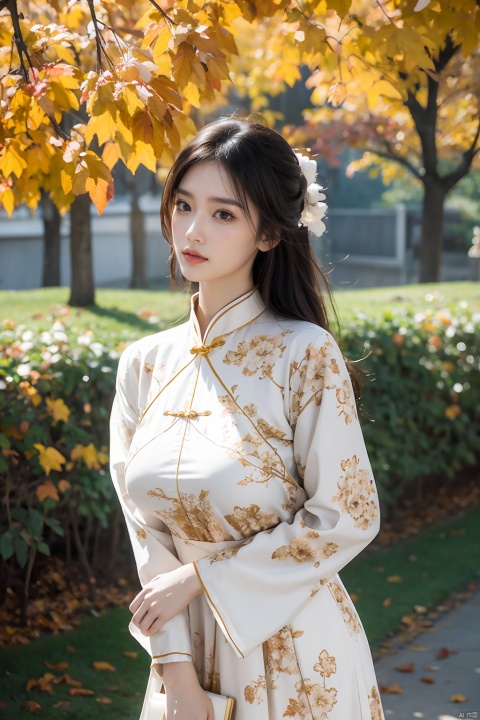  1 girl, wearing a white dress with floral patterns printed on it, featuring gold and white themes for a sense of coordination, order, half body, close-up, upper body, outdoor, front, best image, fallen leaves, branches, autumn leaves, Chinese clothing, ancient style, Chinese long skirt, long sleeves, double layered light gauze skirt, brown eyes, black hair, ultra-high definition, super-resolution, high-resolution,(large breasts:1.5)