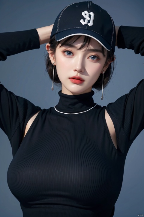 1girl, solo, blue eyes, hat, black hair, simple background, blue background, long sleeves, baseball cap, earrings, looking at viewer, upper body, jewelry, black headwear, hand on headwear, closed mouth, bangs, short hair, nail polish, blue nails, arm up, hair between eyes, black sweater, sleeves past wrists, sweater,(large breasts:1.5)