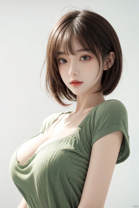  (large breasts:1.5),blunt bangs, masterpiece, best quality, best illustration, ultra-detailed, upper body, solo, 1 girl, looking at viewer, upright, arms at sides, beautiful detailed eyes, concept art, white background, simple background, white hair, green gradient hair, short sleeves, watercolor pencil, expressionless, blush, virtual youtuber, short hair