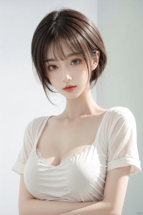  (large breasts:1.5),blunt bangs, masterpiece, best quality, best illustration, ultra-detailed, upper body, solo, 1 girl, looking at viewer, upright, arms at sides, beautiful detailed eyes, concept art, white background, simple background, white hair, green gradient hair, short sleeves, watercolor pencil, expressionless, blush, virtual youtuber, short hair,not showing one's cleavage