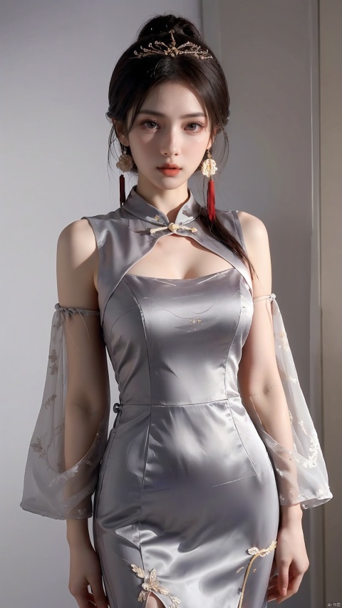  {{best quality}}, {{masterpiece}}, {{ultra-detailed}}, {illustration}, {detailed light}, {an extremely delicate and beautiful}, 
female, Mature face, solo, Detailed eyes, brown hair, hair up, Hair accessories, Purple eyes,
((cheongsam)), jewelry, earrings, detached sleeves,
standing, shank out of frame, flower, butterfly,
sigh, looking at viewer, ((toward viewer)),
white background,
 ,372089, bbj, jingxuan, wuqimitu,yjzs, tyqp, xianjing hanfu crane, xiaoyemao, zanhua, girl, Chinese cheongsam,zlqs, ((poakl)),large breasts