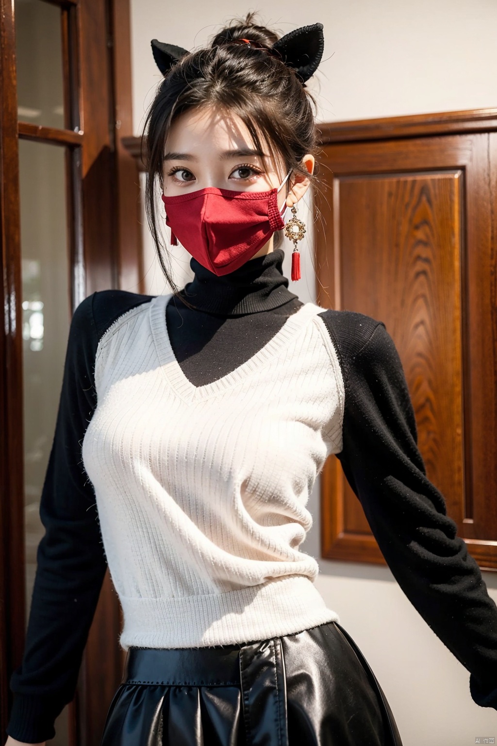 highest quality,hd,udr,realistic,delicate details,1girl,solo,chinese,mouth mask,bun,black sweater,horse-face skirt,Mamianqun,middle breasts,earring,sideways,whole body,full body,red rampart,