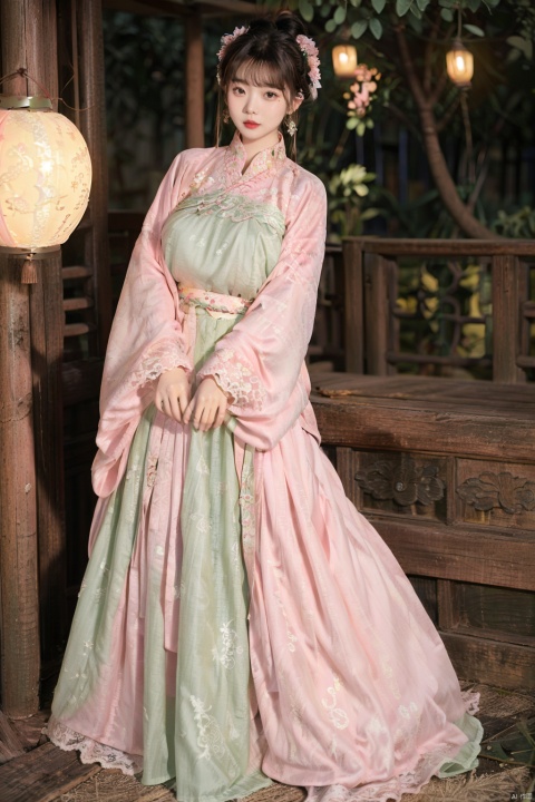  1girl, (Lace pink|green skirt:1.45), on Stomach, lying down, bed,aqua_earrings,Lights, lanterns, chang,(big breasts:1.56),hanfu, (antique cheongsam), (Chinese round fans), ll-hd, shidudou,(midi skirt:1.1), QIPAO, taoist robe, hy, han style