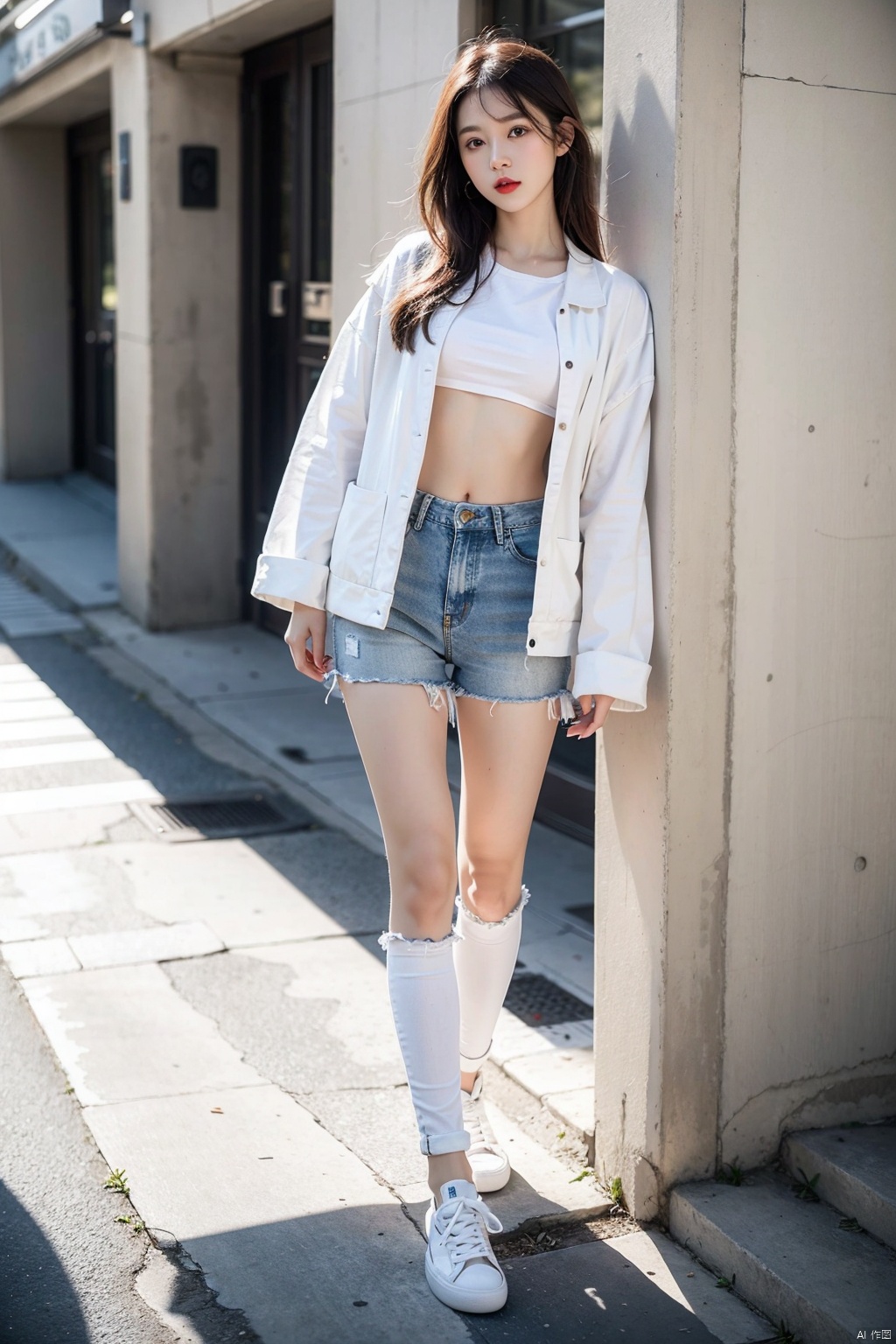 best quality,hd,8k,realistic,
1girl,alice,solo,chinese,full body,whole body,long hair,black mouth mask,white chest wrapping,white short jeans,denim jacket,sneakers,lips,red lips,
dorm,