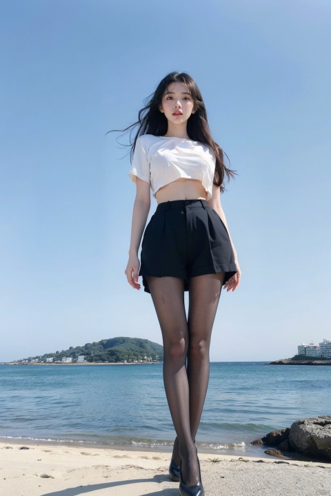  (Best Quality), (Masterpiece), (High), Illustrated, Original, Very Detailed,1 Girl,(from below),full body,Solo, Shorts, Big breast,long Hair, Long Legs, silk stockings, Navel, Abdomen, Shorts,Shirt, red lips, Looking at the Audience, jy, miniJK, Outside,By the sea,half nake,