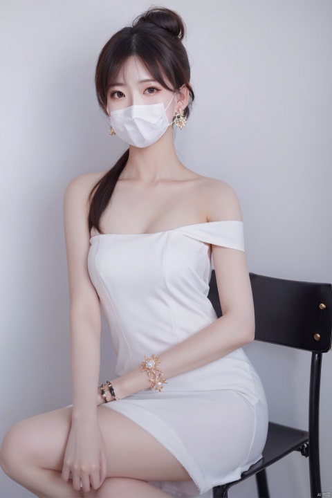  1girl,solo,teacher,mouth mask,bun,white full dress,simple background,bare_shoulders, jewelery,earrings,realistic,delicate details,arm_crossed,