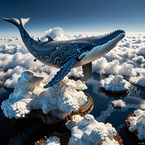 A blue whale flying above the clouds, the blue whale has ornate patterns, handwork, clay sculpture, sketches, line drawings, very detailed details, carving, plaster, master sculpture, three-dimensional, high and low level rich, reasonable perspective, standard hand structure, 3D rendering, hyperrealistic, ultra HD, depth, light and shade contrast, shadow, black background, Peiqi, circuitboard