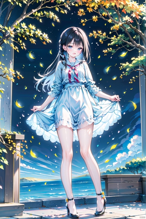 (masterpiece), (best quality),(highly detailed),high quality, (ultra-detailed),illustration,(extremely detailed CG unity 8k wallpaper), 1girl, long hair, brown hair,sheer_sleeves,sheer_dress,mini_skirts,bare legs, (ribbon lace up heels), standing, flower, outdoor, sky, day, tree, leaf, sunlight, grass, white flower, nature, scenery, forest, green dress,petal,breeze