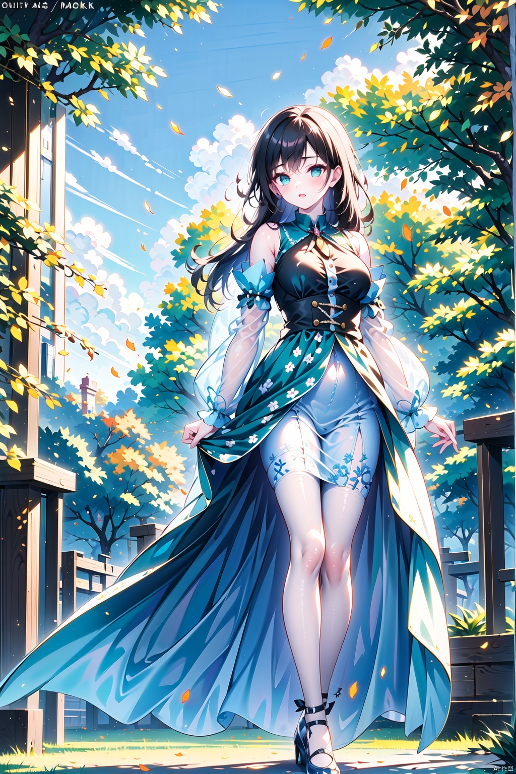 (masterpiece), (best quality),(highly detailed),high quality, (ultra-detailed),illustration,(extremely detailed CG unity 8k wallpaper), 1girl, long hair, brown hair,sheer_sleeves,sheer_dress,mini_skirts, ribbon lace up heels,holding, standing, flower, outdoor, sky, day, tree, leaf, sunlight, grass, white flower, nature, scenery, forest, green dress,petal