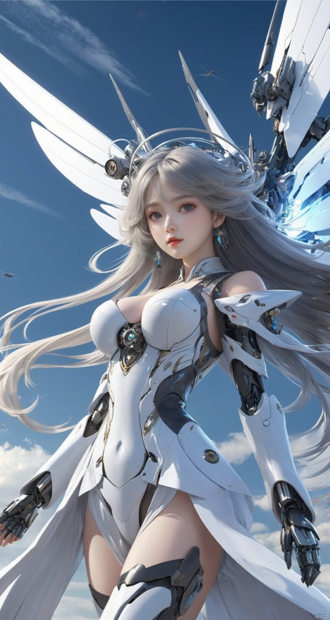  ((masterpiece)), ((best quality)), ((illustration)), extremely detailed,1 girl,mecha clothes,, big breasts,Dark white very_long_hair, scifi hair ornaments, beautiful detailed deep eyes, beautiful detailed sky, cinematic lighting, wind,Mechanical wings