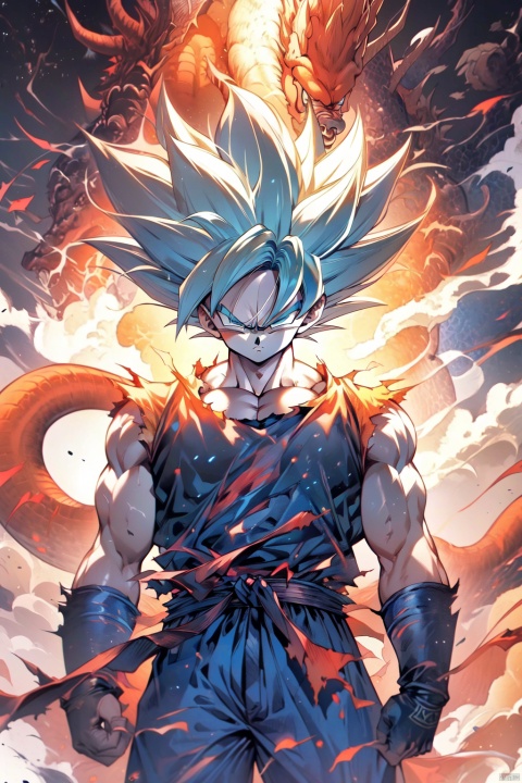  ((best quality)),masterpiece,((ultra-detailed)),illustration,8k wallpaper,((extremely detailed CG unity 8k wallpaper)),(extremely detailed eyes and face),huge filesize,game cg,songoku, male focus, 1boy, solo, dougi, muscular, blonde hair, torn clothes, spiked hair, super saiyan, looking at viewer, serious, dust, arms at sides, pectorals, torn shirt, muscular male, closed mouth, pants, super saiyan 1, smoke, shirt, blue eyes, aura, shaded face, clenched hands, gloves, wristband, frown, sleeveless, standing, blurry, grey eyes, songoku, mDragonNewYear