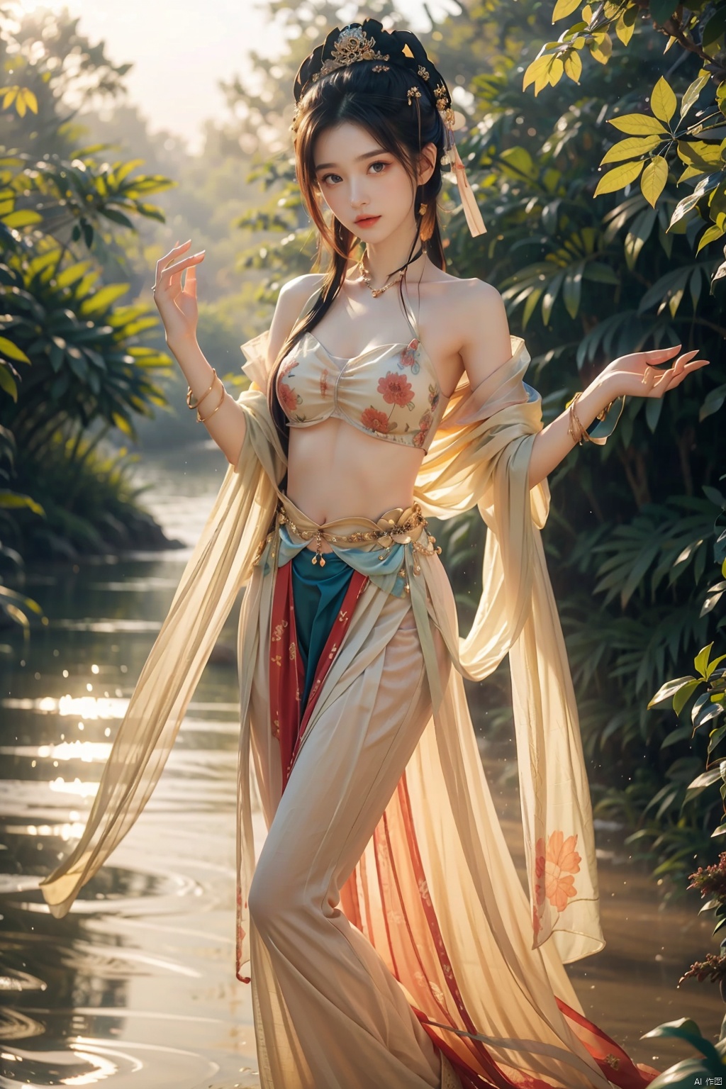 1girl,opensling,dunhuang,敦煌背景,navel,dance,wind,mural,naked, (masterpiece, best quality:1.2), open overcoat,（naked）,In a quiet forest,Sunlight shines on the lake through the dense foliage,A gentle goddess stands by the lake,A gentle goddess stands by the lake, 1girl,1girl,solo,long legs,looking at viewer