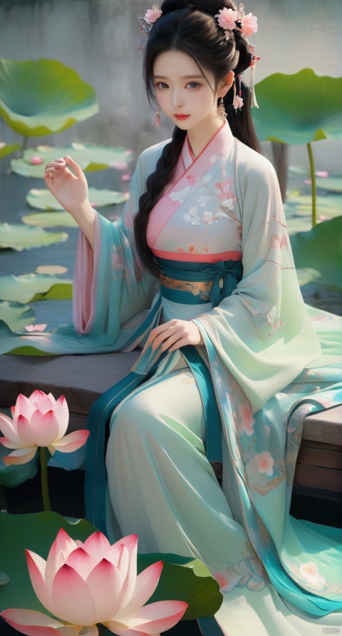  Best quality, Realistic, photorealistic, masterpiece, extremely detailed CG unity 8k wallpaper, best illumination, best shadow, huge filesize ,(huge breasts:2.3) incredibly absurdres, absurdres, looking at viewer, transparent, smog, gauze, vase, petals, room, ancient Chinese style, detailed background, wide shot background,
(((1gilr,black hair))),(Sitting on the lotus pond porch:1.39) ,(huge breasts:2.4),(A pond full of pink lotus flowers:1.3),close up of 1girl,Hairpins,hair ornament,hair wings,slim,narrow waist,(huge breasts:2.5),perfect eyes,beautiful perfect face,pleasant smile,perfect female figure,detailed skin,charming,alluring,seductive,erotic,enchanting,delicate pattern,detailed complex and rich exquisite clothing detail,delicate intricate fabrics,
Morning Serenade In the gentle morning glow, (a woman in a pink lotus-patterned Hanfu stands in an indoor courtyard:1.26),(Chinese traditional dragon and phoenix embroidered Hanfu:1.3), admiring the tranquil garden scenery. The lotus-patterned Hanfu, embellished with silver-thread embroidery, is softly illuminated by the morning light. The light mint green Hanfu imparts a sense of calm and freshness, adorned with delicate lotus patterns, with a blurred background to enhance the peaceful atmosphere,(huge breasts:2.7), puregirl, g009