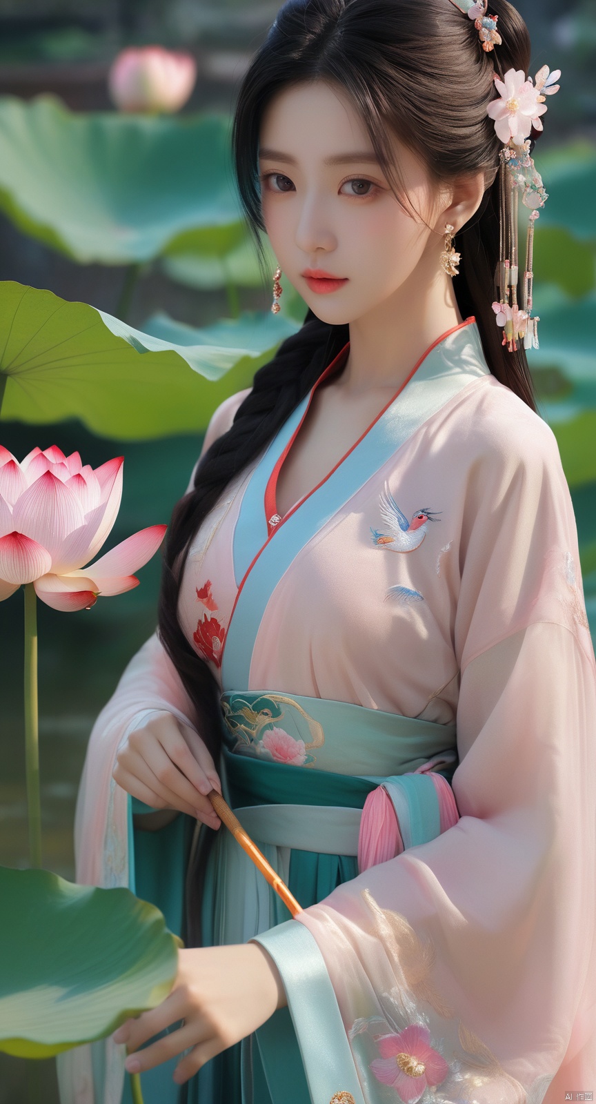  Best quality, Realistic, photorealistic, masterpiece, extremely detailed CG unity 8k wallpaper, best illumination, best shadow, huge filesize ,(huge breasts:2.3) incredibly absurdres, absurdres, looking at viewer, transparent, smog, gauze, vase, petals, room, ancient Chinese style, detailed background, wide shot background,
(((1gilr,black hair))),(Sitting on the lotus pond porch:1.39) ,(huge breasts:2.4),(A pond full of pink lotus flowers:1.3),close up of 1girl,Hairpins,hair ornament,hair wings,slim,narrow waist,(huge breasts:2.5),perfect eyes,beautiful perfect face,pleasant smile,perfect female figure,detailed skin,charming,alluring,seductive,erotic,enchanting,delicate pattern,detailed complex and rich exquisite clothing detail,delicate intricate fabrics,
Morning Serenade In the gentle morning glow, (a woman in a pink lotus-patterned Hanfu stands in an indoor courtyard:1.26),(Chinese traditional dragon and phoenix embroidered Hanfu:1.3), admiring the tranquil garden scenery. The lotus-patterned Hanfu, embellished with silver-thread embroidery, is softly illuminated by the morning light. The light mint green Hanfu imparts a sense of calm and freshness, adorned with delicate lotus patterns, with a blurred background to enhance the peaceful atmosphere,(huge breasts:2.7), puregirl, g009