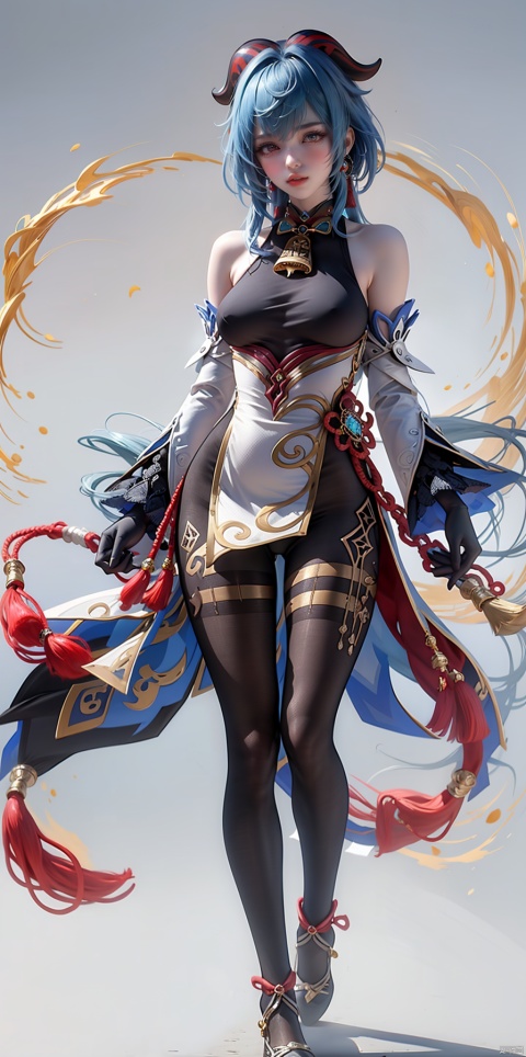  full body photo,best quality, masterpiece, ultra detailed, high detailed skin, (good hands,nice hands:0.4), finely detailed, glossy,1girl,white background,solid color background,long hair, breasts , blue hair , detached sleeves , bell , bare shoulders , blush , medium breasts , flower knot , bangs , tassel , purple eyes , white sleeves , long sleeves , chinese knot , pantyhose , sidelocks , goat horns , gold trim , neck bell , very long hair , thighlet , bodystocking , red eyes , thighs , cowbell , low ponytail , brown pantyhose , pelvic curtain , black gloves , bow , black pantyhose
//////
ganyu ( genshin impact ), cute girl , Metal _ wing