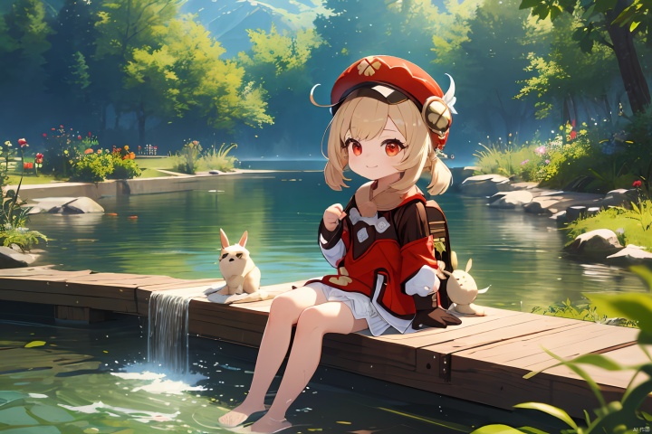  colorful,extremely detailed wallpaper,depth of field,panorama, full body,beautiful detailed background, beautiful detailed water,full body,
(best quality, ultra detailed, big eyes, high resolution, extremely detailed CG, rich in detail),
1girl,solo,(toddler,female child:1.5),
,full body,pond,smile,happy,low twintails,short hair,red clothes, bloomers, backpackspread legs, barefoot,outdoors,sitting,kicking water,(soaking feet:1.4),knees up,
european clothes, flower field, town background, red hat,four-leaf clover,brown gloves,
blonde hair,red eyes,klee (genshin impact),dodoco \(genshin impact\), cuteloli, klee (genshin impact)