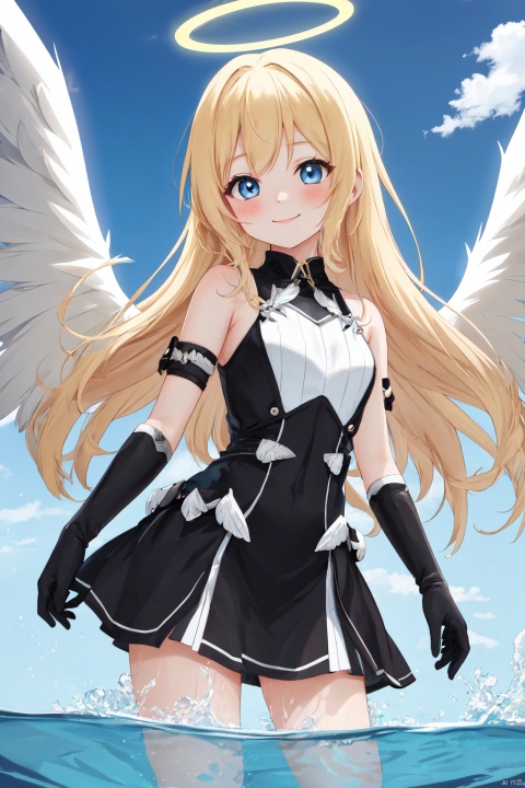 anime style animated female angel with wings, 1girl, solo, blue eyes, wings, blonde hair, gloves, feathered wings, black gloves, halo, looking at viewer, white wings, water, wading, blush, smiles