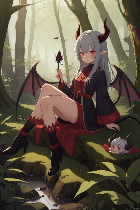 An anthropomorphic demon imp, ((beautiful girl)), in the forest, a little devil, or a naughty little fairy. A thin, twisted dwarf with horns, bat wings, and a pointed tail. Good for evil wizards and priests' familiars. Meaning of "grafting". High resolution, high quality,
