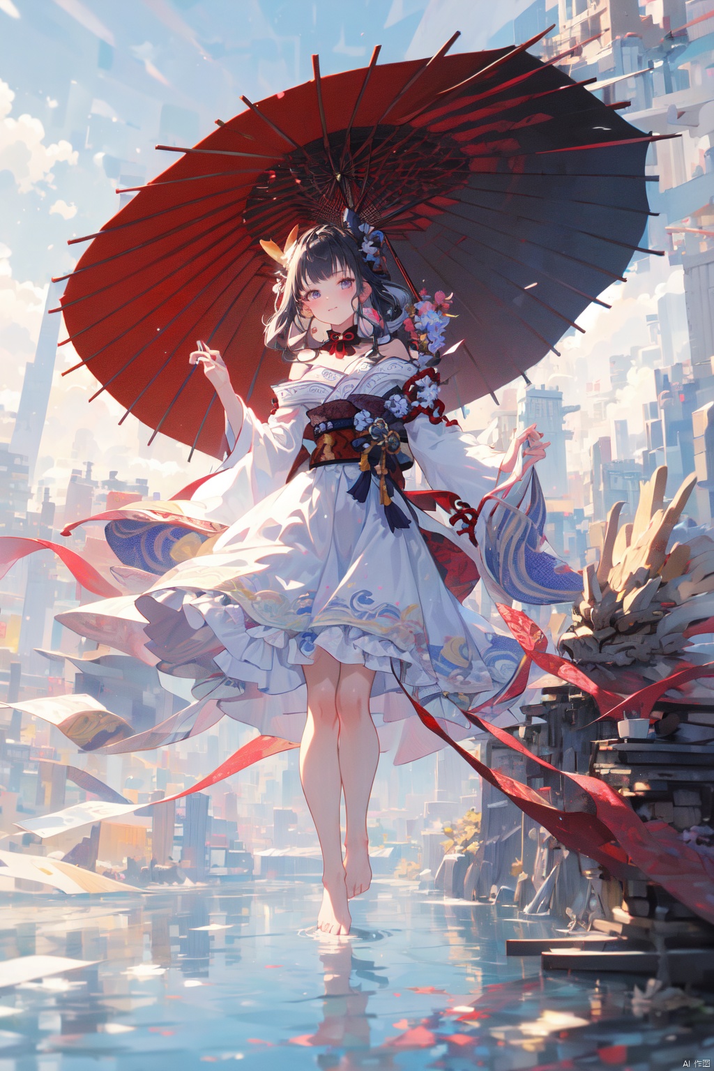  Dragon and girl,1girl,umbrella,holding ,breasts,long hair,barefoot,solo,bare shoulders,white hair,monster,oil-paper umbrella,glowing,floating,long sleeves,dress,looking at viewer,bangs,wide sleeves,white dress, raiden shogun,