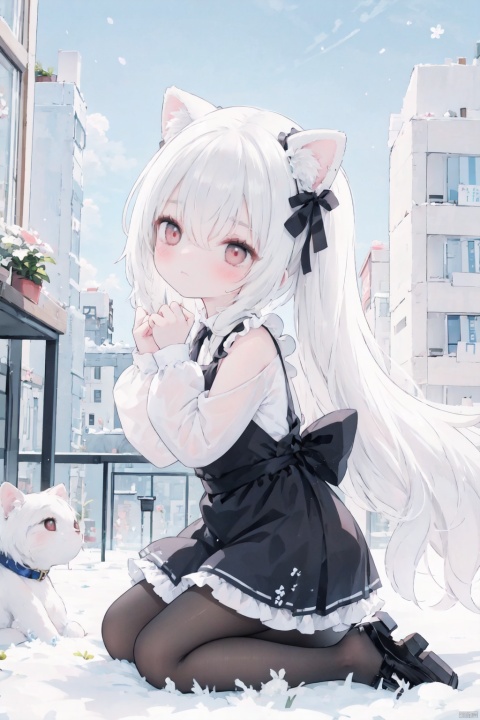 high quality:1.2), (ultra detailed:1.2),1girl,from side,outdoor,snow,falling_snow , kaia,cute face,white hair, very long hair,from side,looking up,solo, long hair,blush,red eyes, long sleeves, dress, bow, ribbon, animal ears, hair between eyes, twintails,closed mouth,white hair, hair bow, pantyhose, hairband,cat ears, signature, black footwear,apron, black dress, red ribbon, animal ear fluff, maid, hands up,window, kneeling,cat girl,white pantyhose, frilled apron, paw pose,laffey \(azur lane\), laffey_(azur_lane)