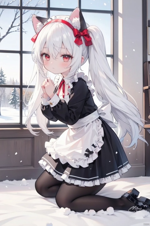  high quality:1.2), (ultra detailed:1.2),1girl,outdoor,park,snow,falling_snow , kaia,cute face,white hair, very long hair,from side,looking up,solo, long hair,blush,red eyes, long sleeves, dress, bow, ribbon, animal ears, hair between eyes, twintails,closed mouth,white hair, hair bow, pantyhose, hairband,cat ears, signature, black footwear,apron, black dress, red ribbon, animal ear fluff, maid, hands up,window, kneeling,cat girl,white pantyhose, frilled apron, paw pose,laffey \(azur lane\), laffey_(azur_lane)