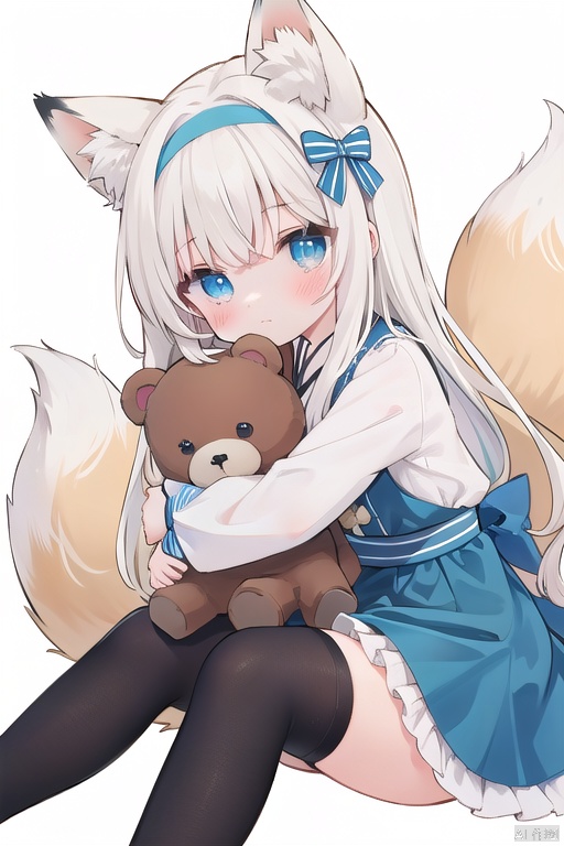  1girl, solo, long hair, looking at viewer, blush, bangs, blue eyes, blonde hair, shirt, thighhighs, long sleeves, white background, dress, bow, holding, animal ears, closed mouth, tail, white shirt, white hair, hair bow, multicolored hair, hairband, frills, striped, black thighhighs, two side up, animal ear fluff, fox ears, blue dress, fox tail, blue bow, stuffed toy, frilled dress, stuffed animal, fox girl, multiple tails, puffy long sleeves, teddy bear, striped bow, object hug, blue hairband, holding stuffed toy, kitsune, kyuubi, suzuran \(arknights\)