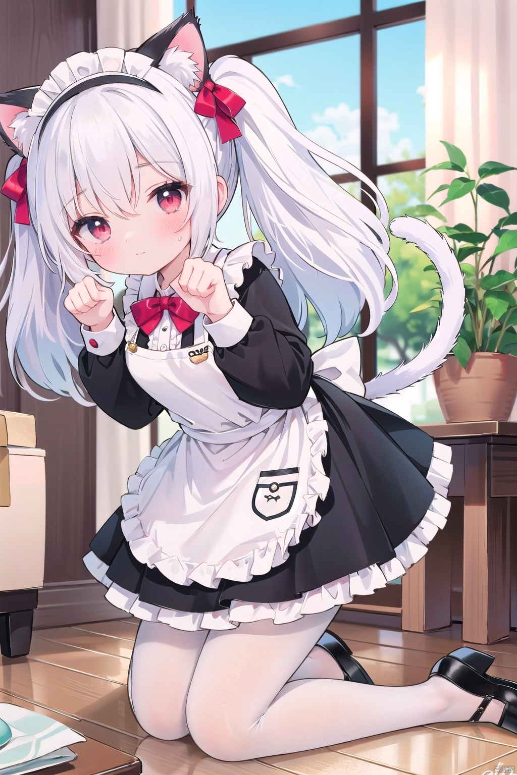 1girl, solo, long hair, looking at viewer, blush, bangs, red eyes, long sleeves, dress, bow, ribbon, animal ears, hair between eyes, twintails, very long hair, closed mouth, tail, full body, white hair, hair bow, pantyhose, hairband, frills, shoes, alternate costume, puffy sleeves, indoors, cat ears, signature, black footwear, blurry, apron, black dress, red bow, red ribbon, cat tail, animal ear fluff, maid, hands up, maid headdress, window, kneeling, bell, black bow, depth of field, blurry background, frilled dress, cat girl, white apron, jingle bell, maid apron, white pantyhose, frilled apron, paw pose, wooden floor, enmaided, tail ornament, tail bow, tail bell, laffey \(azur lane\), midjourney