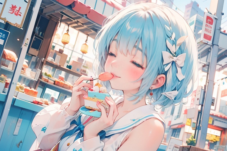  (1girl:1.5),(solo:1.5),outdoor,street,japanese street,food court,closed mouth,closed eyes,holding cake,eat cake,smile,blush,standing,school uniform,sailor,detail dress,a gorgeous dress,(hairbow:1.2),ribbon,hair_ribbon,blue hair,short hair,