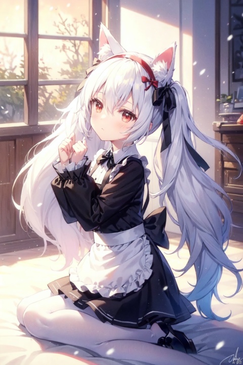  high quality:1.2), (ultra detailed:1.2),1girl,outdoor,,outdoor,park,snow,falling_snow,cute face,white hair, very long hair,from side,looking up,solo, long hair,blush,red eyes, long sleeves, dress, bow, ribbon, animal ears, hair between eyes, twintails,closed mouth,white hair, hair bow, pantyhose, hairband,cat ears, signature, black footwear,apron, black dress, red ribbon, animal ear fluff, maid, hands up,window, kneeling,cat girl,white pantyhose, frilled apron, paw pose,laffey \(azur lane\), laffey_(azur_lane)