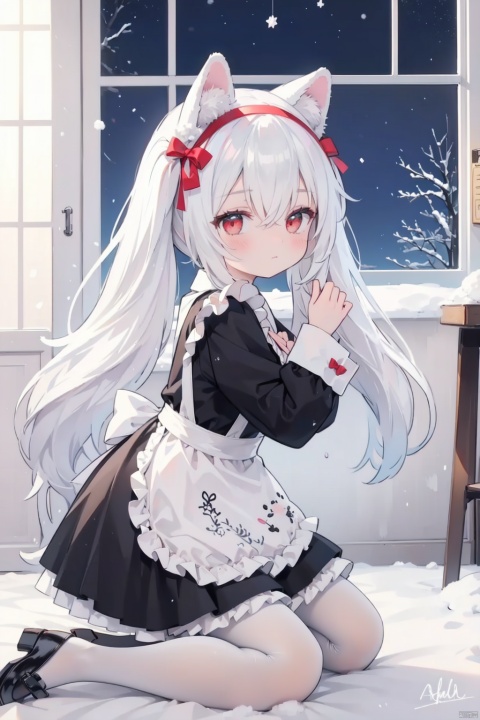  high quality:1.2), (ultra detailed:1.2),1girl,outdoor,,outdoor,park,snow,falling_snow , kaia,cute face,white hair, very long hair,from side,looking up,solo, long hair,blush,red eyes, long sleeves, dress, bow, ribbon, animal ears, hair between eyes, twintails,closed mouth,white hair, hair bow, pantyhose, hairband,cat ears, signature, black footwear,apron, black dress, red ribbon, animal ear fluff, maid, hands up,window, kneeling,cat girl,white pantyhose, frilled apron, paw pose,laffey \(azur lane\), laffey_(azur_lane)