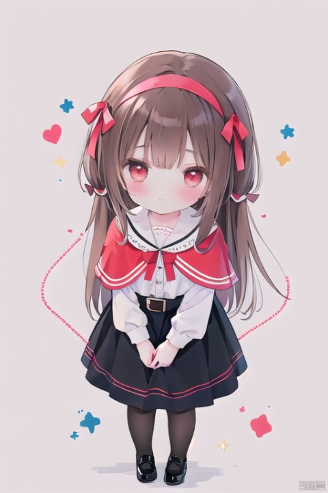  1girl, loli,small head,solo, long hair, looking at viewer, blush, bangs, skirt, simple background, brown hair, shirt, red eyes, long sleeves, long dress, bow, ribbon, very long hair, closed mouth, standing, full body, hair ribbon, white shirt, pantyhose, hairband, frills, shoes, belt, chibi, black footwear, red bow, black pantyhose, capelet, brown background, red hairband, notice lines, red capelet, cozy anime