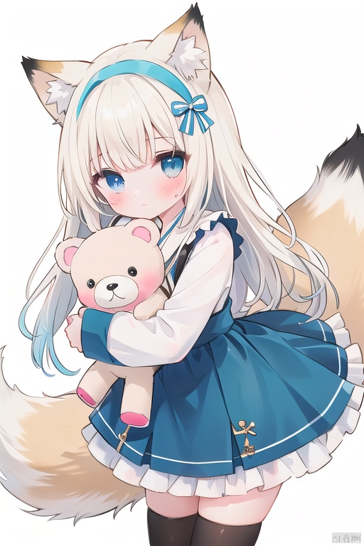  1girl, solo, long hair, looking at viewer, blush, bangs, blue eyes, blonde hair, shirt, thighhighs, long sleeves, white background, dress, bow, holding, animal ears, closed mouth, tail, white shirt, white hair, hair bow, multicolored hair, hairband, frills, striped, black thighhighs, two side up, animal ear fluff, fox ears, blue dress, fox tail, blue bow, stuffed toy, frilled dress, stuffed animal, fox girl, multiple tails, puffy long sleeves, teddy bear, striped bow, object hug, blue hairband, holding stuffed toy, kitsune, kyuubi, suzuran \(arknights\)