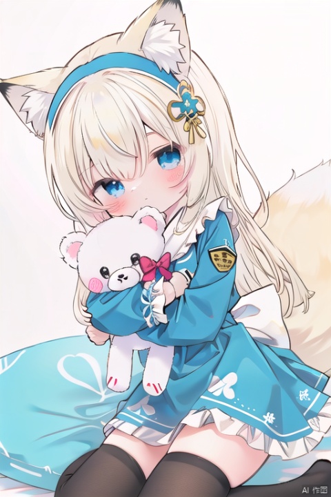  1girl, solo, long hair, looking at viewer, blush, bangs, blue eyes, blonde hair, shirt, thighhighs, long sleeves, white background, dress, bow, holding, animal ears, closed mouth, tail, white shirt, white hair, hair bow, multicolored hair, hairband, frills, striped, black thighhighs, two side up, animal ear fluff, fox ears, blue dress, fox tail, blue bow, stuffed toy, frilled dress, stuffed animal, fox girl, multiple tails, puffy long sleeves, teddy bear, striped bow, object hug, blue hairband, holding stuffed toy, kitsune, kyuubi, suzuran \(arknights\)