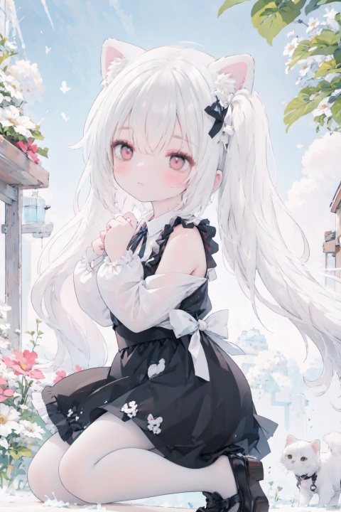 high quality:1.2), (ultra detailed:1.2),1girl,from side,outdoor,park,swing,snow,falling_snow , kaia,cute face,white hair, very long hair,from side,looking up,solo, long hair,blush,red eyes, long sleeves, dress, bow, ribbon, animal ears, hair between eyes, twintails,closed mouth,white hair, hair bow, pantyhose, hairband,cat ears, signature, black footwear,apron, black dress, red ribbon, animal ear fluff, maid, hands up,window, kneeling,cat girl,white pantyhose, frilled apron, paw pose,laffey \(azur lane\), laffey_(azur_lane)