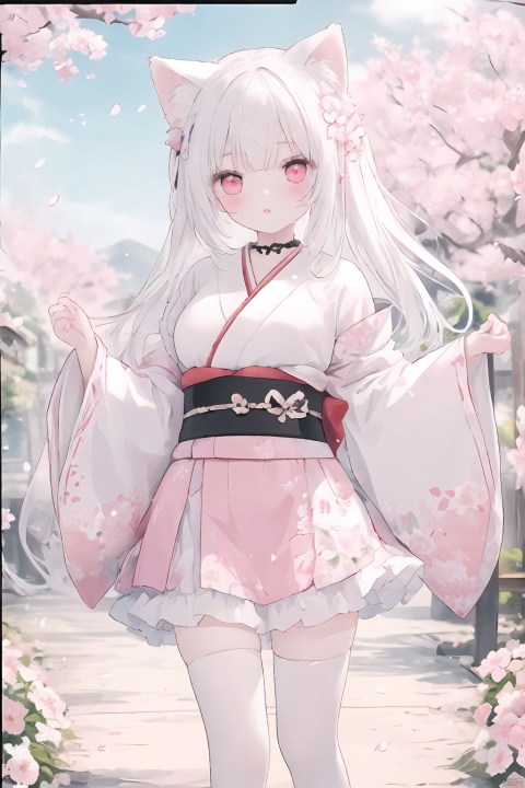  nai3,1girl, solo, long hair, breasts, looking at viewer, blush, bangs, skirt, hair ornament, red eyes, thighhighs, long sleeves, holding, animal ears, very long hair, standing, flower, white hair, outdoors, frills, parted lips, japanese clothes, choker, day, hair flower, wide sleeves, pink eyes, kimono, white thighhighs, zettai ryouiki, animal ear fluff, sash, petals, obi, floral print, frilled skirt, cherry blossoms, pink flower, white kimono,