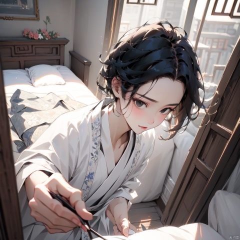 masterpiece,best quality,Chinese style,(bedroom),indoors,
1girl,white hanfu,oval face,black hair,white_skin,short hair,black eyes,white chinese clothes,
theft, stealing flower,holding flower,panorama,