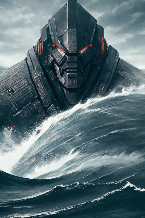 (a Humanoid  machine stand on the mighty black waves and beat a giant monsters ),((ultra realistic details)),black clouds rolling,black,((Giant broad-bladed)),((Apocalyptic waves)), wields a broad-bladed ,Pacific Rim,8k, ultra sharp,metal,egypician detail, highly intricate details, Cyberpunk Concept