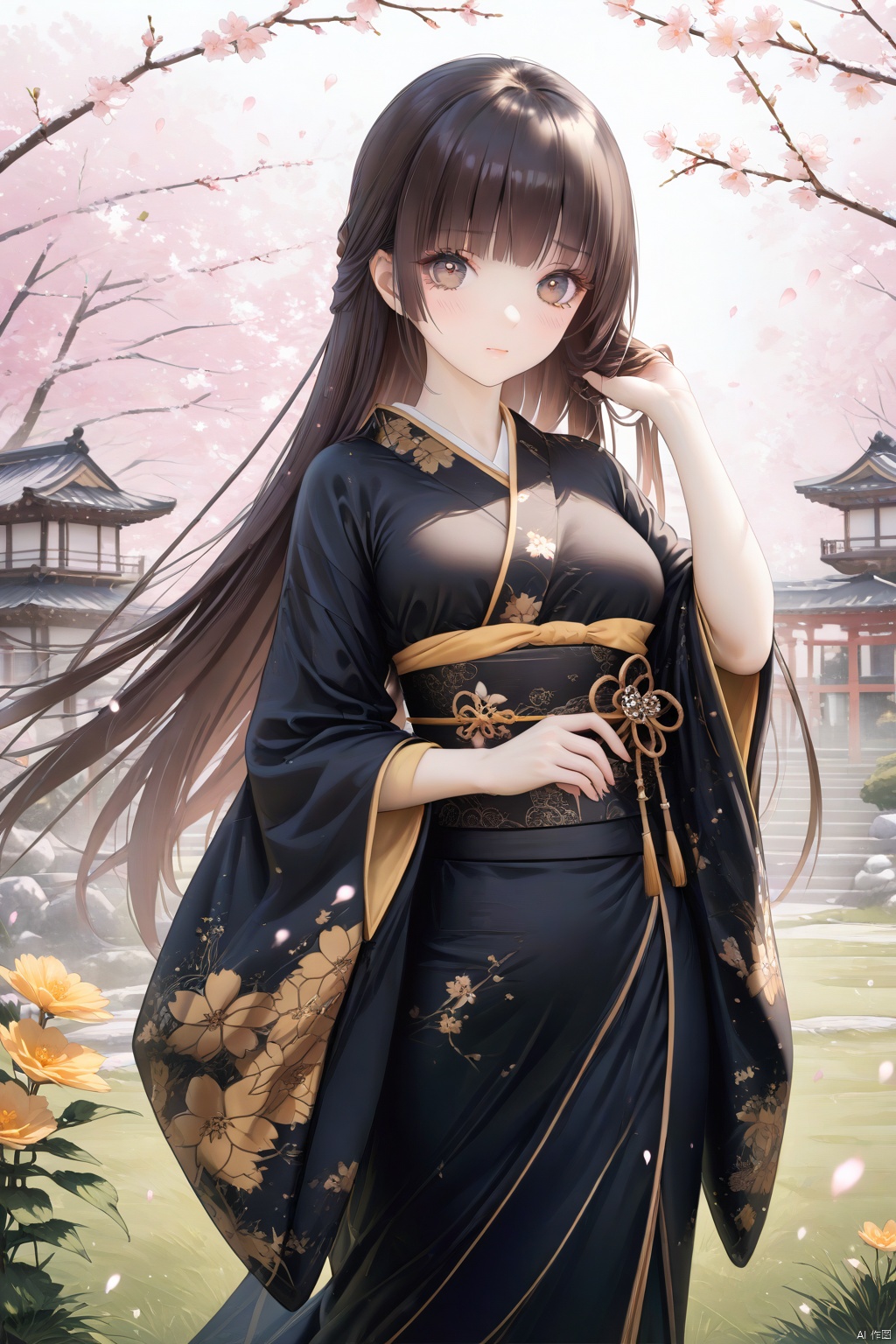 PVC, (masterpiece), (best quality),(highly detailed), (ultra-detailed),illustration,depth of field,(extremely detailed CG unity 8k wallpaper),sakura,trees,outdoor,flying_petals,1girl,Yamato Nadeshiko,(mature:1.5),elegant,graceful,classy,dignified,Medium_Shot,(delicate_face),looking at viewer,medium_chest,((darkblack_hair)),blush,(sad),closed_mouth,big_eyes,(neat_bangs:1.3),(hime_haircut),((very_long_hair)), neat_straight_hair,tareme,([black:golden:0.7] kimono),golden flower patterns on black kimono,darkbrown_eyes,delicate_eyelashes,boobs,medium_breasts,long_legs,darkblack_pupils,hand in own hair,(delicate_eyes),(delicate_eyelashes),standing_straight,standing on grass,Japanese-style garden