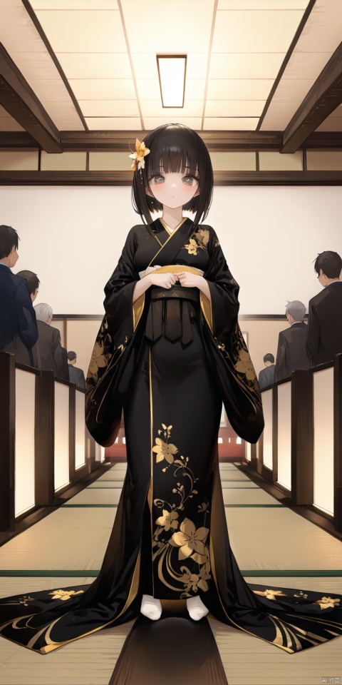 (masterpiece), (best quality),(highly detailed), (ultra-detailed),illustration,(extremely detailed CG unity 8k wallpaper),overcrowde_indoor,tatami
,(rapists_crowd),(from_distance:1.6),1girl,Yamato Nadeshiko,mature lady,elegant,graceful,classy,(full_body:1.2),delicate_face,looking at viewer,medium_chest,(darkblack_hair),(blush),sad,closed_mouth,big_eyes,(neat_bangs:1.3),(hime_haircut),very_long_hair, neat_straight_hair,tareme,([black:golden:0.7] kimono),golden flower patterns on black kimono,black_eyes,long_eyelashes,,medium breasts,long_legs,((white_tabi)),no_shoes
,darkblack_pupils,be_watched,be stroked,standing_straight