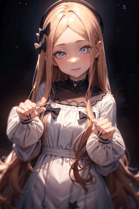  1girl
solo
looking at viewer
High Quality
high resolution
Exquisite face
blue eyes（Winking Eyes）
（blonde hair,very long hair）black dress
sleeves past wrists
parted bangs
black bow
star \(sky\)starbursts
sleeves past fingers
starry sky
portrait painting
abigail_williams_(fate), abigail williams (fate),1girl, ((poakl))