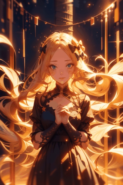 1girl
solo
looking at viewer
High Quality
high resolution
Exquisite face
blue eyes（Winking Eyes）
（blonde hair,very long hair）black dress
sleeves past wrists
parted bangs
black bow
star \(sky\)starbursts
sleeves past fingers
starry sky
portrait painting
abigail williams \(fate\)
 fanxing, (\shen ming shao nv\), abigail_williams_(fate), abigail williams (fate)