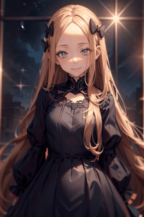  1girl
solo
looking at viewer
High Quality
high resolution
Exquisite face
blue eyes（Winking Eyes）
（blonde hair,very long hair）black dress
sleeves past wrists
parted bangs
black bow
star \(sky\)starbursts
sleeves past fingers
starry sky
portrait painting
abigail_williams_(fate), abigail williams (fate),1girl, ((poakl))
