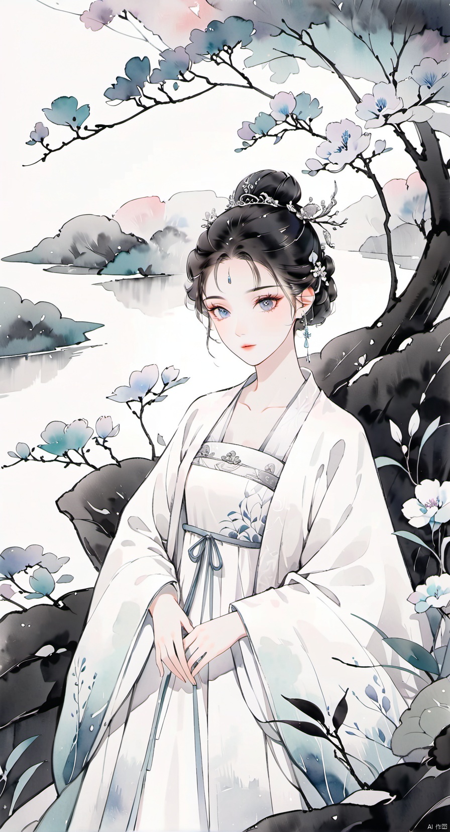 /imagine prompt: A gentle figure clad in
white Hanfu, her hair styled in a traditional
updo adorned with silver jewelry,
surrounded by soft-hued ink paintings
depicting nature. Created Using:
watercolor texture, pastel shades, delicate
facial features, high resolution, traditional
Chinese art style --ar 1:1--v 6.0