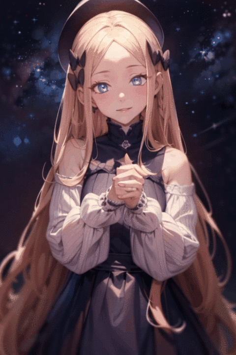 1girl
solo
looking at viewer
High Quality
high resolution
Exquisite face
blue eyes（Winking Eyes）
（blonde hair,very long hair）black dress
sleeves past wrists
parted bangs
black bow
star \(sky\)starbursts
sleeves past fingers
starry sky
portrait painting
abigail_williams_(fate), abigail williams (fate),1girl