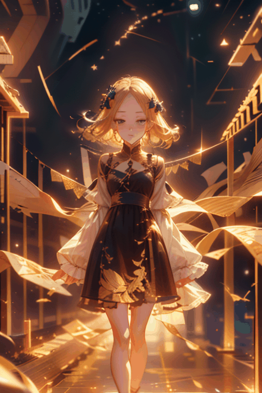 1girl
solo
looking at viewer
blue eyes（Winking Eyes）
blonde hair
very long hair
black dress
sleeves past wrists
parted bangs
black bow
star \(sky\)starbursts
sleeves past fingers
starry sky
abigail williams \(fate\)
 fanxing, (\shen ming shao nv\), abigail_williams_(fate), abigail williams (fate)
