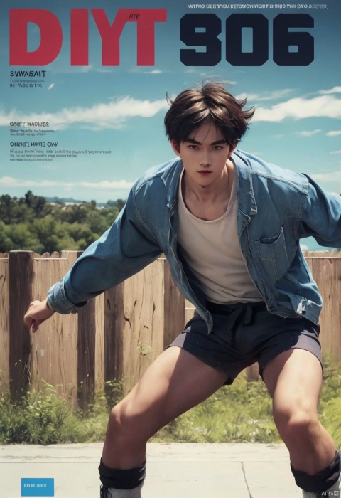  (Masterpiece, Best Quality, Photo Realism,), (Magazine: 1.3), (Cover Style: 1.3) Fashion, Vibrant, Pose, Front, Rich and Colorful, Dynamic, Scene, Text, Cover, Eye catching, Title, Fashion, Font, catchy, Title, A Boy, Standing, Shorts, Knee High, Sneakers, Single, Outdoor, Day, Bangs, Fence, Roof, Blue Sky, Chain Fence, A cloudy sky, three views, songoku