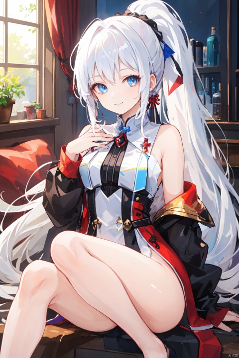  (highly detailed),best quality,1girl,breasts out,bare legs,little smile,white hair,high ponytail,