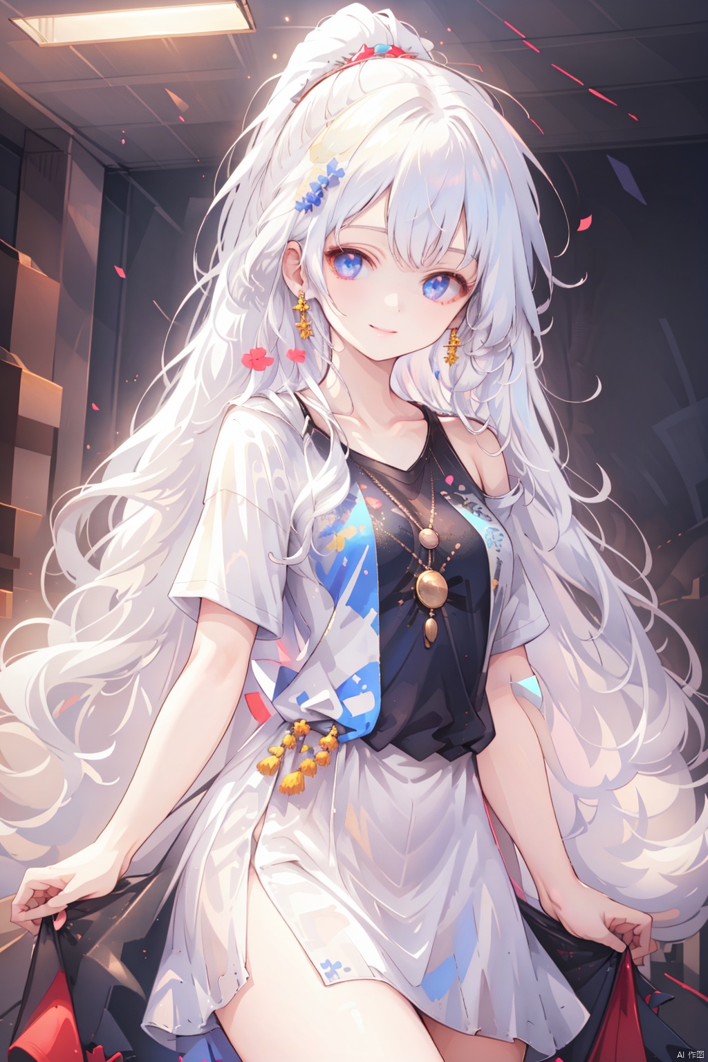  (highly detailed),best quality,1girl,(((breasts out))),((loose t-shirt)),collarbone,bare legs,little smile,white hair,high ponytail,flat chest,arms up,