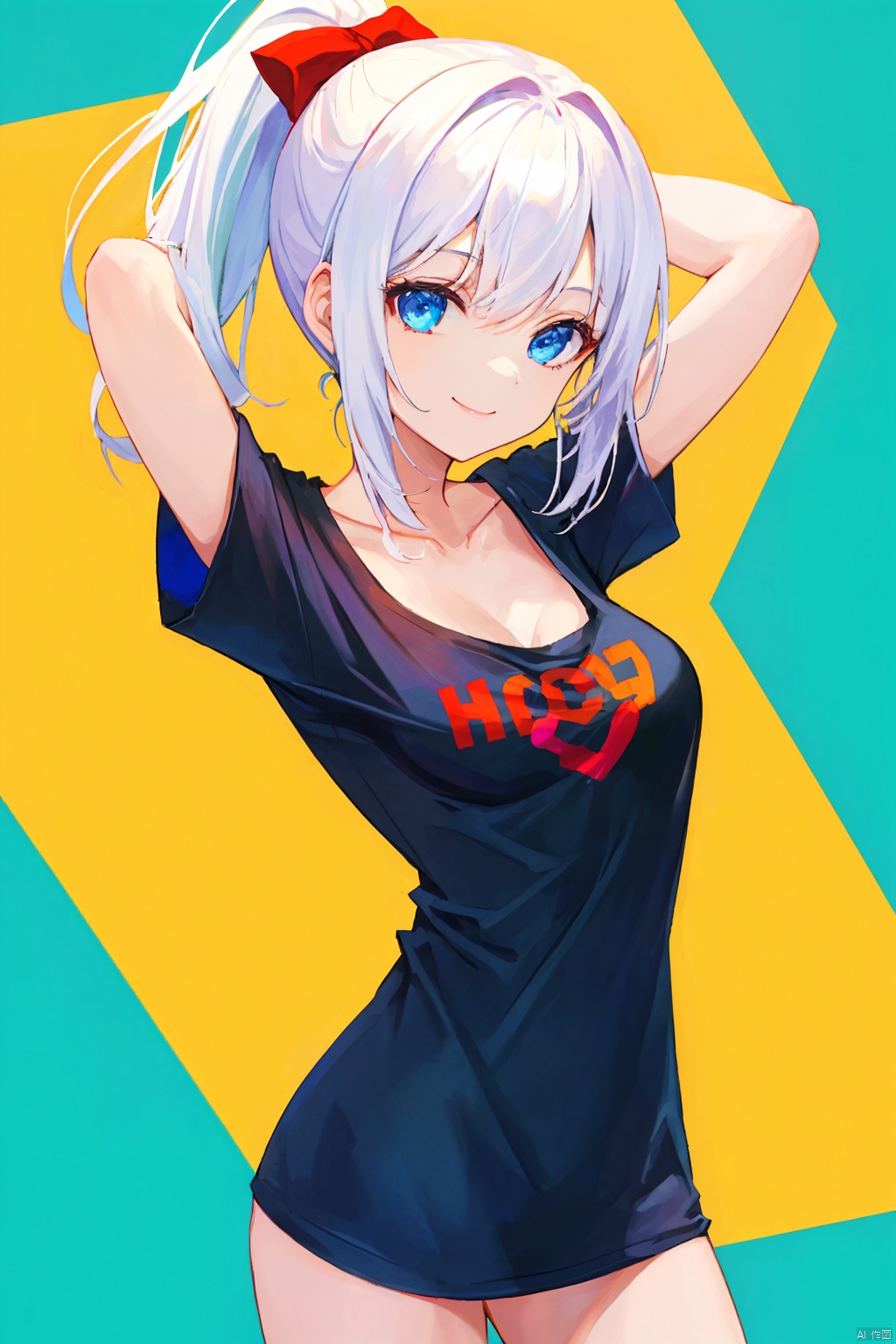  (highly detailed),best quality,1girl,(((breasts out))),((loose t-shirt)),collarbone,bare legs,little smile,white hair,high ponytail,flat chest,arms up,